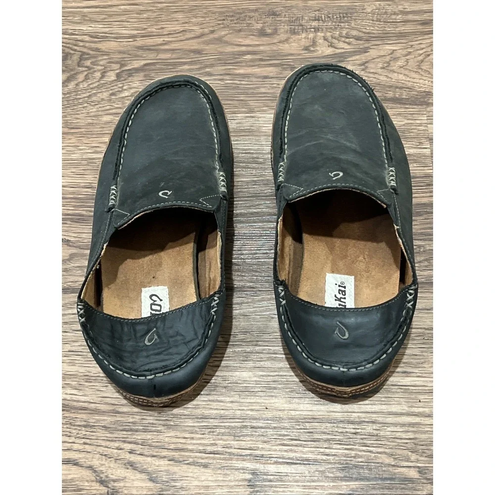 OluKai Moloa Shoes MEN US 9.5/ EU 42.5 Black Leather Slip On Loafers Comfort